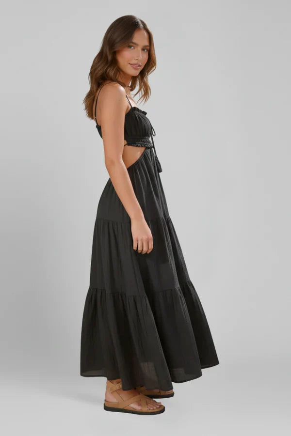 Light Flattering Women's Maxi Dress - Smocked Bodice, Tiered Swing Skirt, Plush Fabric, Casual Wear