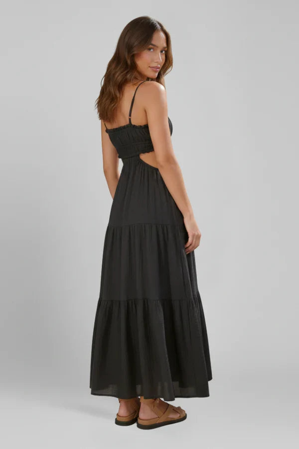 Light Flattering Women's Maxi Dress - Smocked Bodice, Tiered Swing Skirt, Plush Fabric, Casual Wear