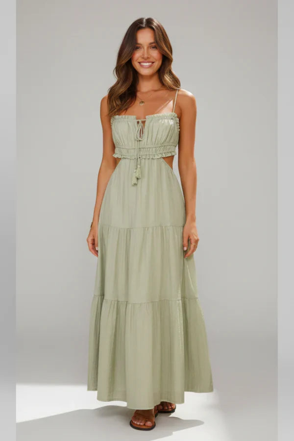 Light Flattering Women's Maxi Dress - Smocked Bodice, Tiered Swing Skirt, Plush Fabric, Casual Wear