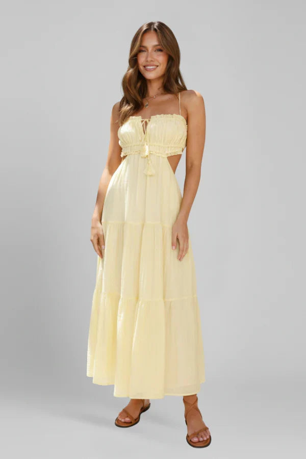 Light Flattering Women's Maxi Dress - Smocked Bodice, Tiered Swing Skirt, Plush Fabric, Casual Wear