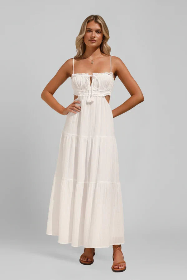 Light Flattering Women's Maxi Dress - Smocked Bodice, Tiered Swing Skirt, Plush Fabric, Casual Wear