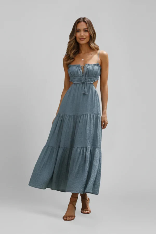 Light Flattering Women's Maxi Dress - Smocked Bodice, Tiered Swing Skirt, Plush Fabric, Casual Wear