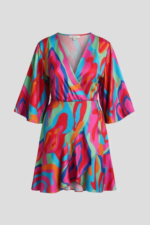 Light flattering women's dress - doll-sleeve V-neck, irregular hem, paisley print, casual
