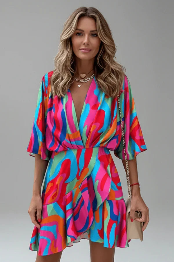 Light flattering women's dress - doll-sleeve V-neck, irregular hem, paisley print, casual