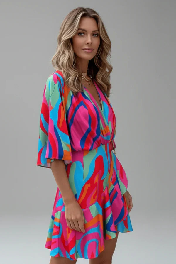 Light flattering women's dress - doll-sleeve V-neck, irregular hem, paisley print, casual