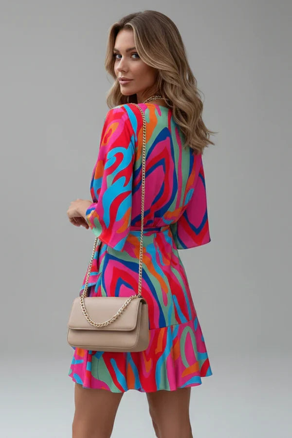 Light flattering women's dress - doll-sleeve V-neck, irregular hem, paisley print, casual