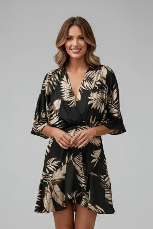 Light flattering women's dress - doll-sleeve V-neck, irregular hem, paisley print, casual