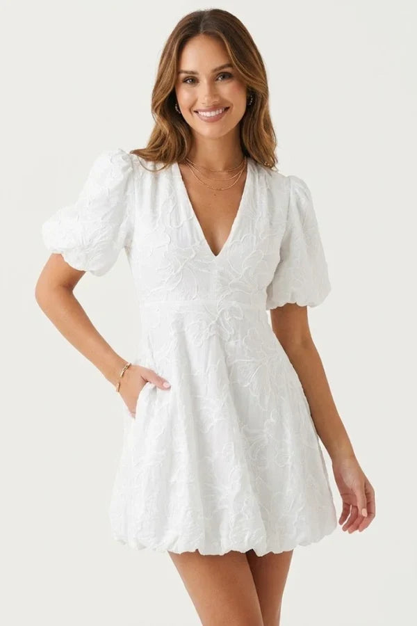 Light women's dress - puff-sleeve, A-line with embroidery, for casual wear