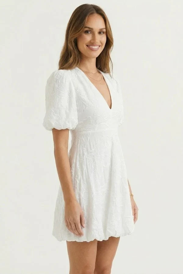 Light women's dress - puff-sleeve, A-line with embroidery, for casual wear