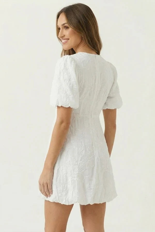 Light women's dress - puff-sleeve, A-line with embroidery, for casual wear