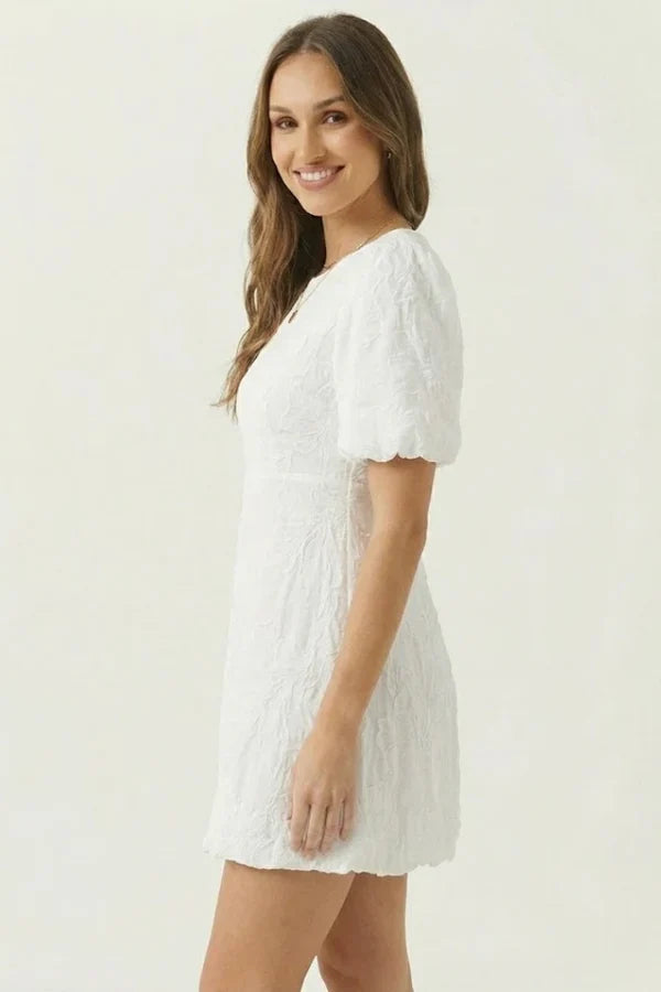 Light women's dress - puff-sleeve, A-line with embroidery, for casual wear