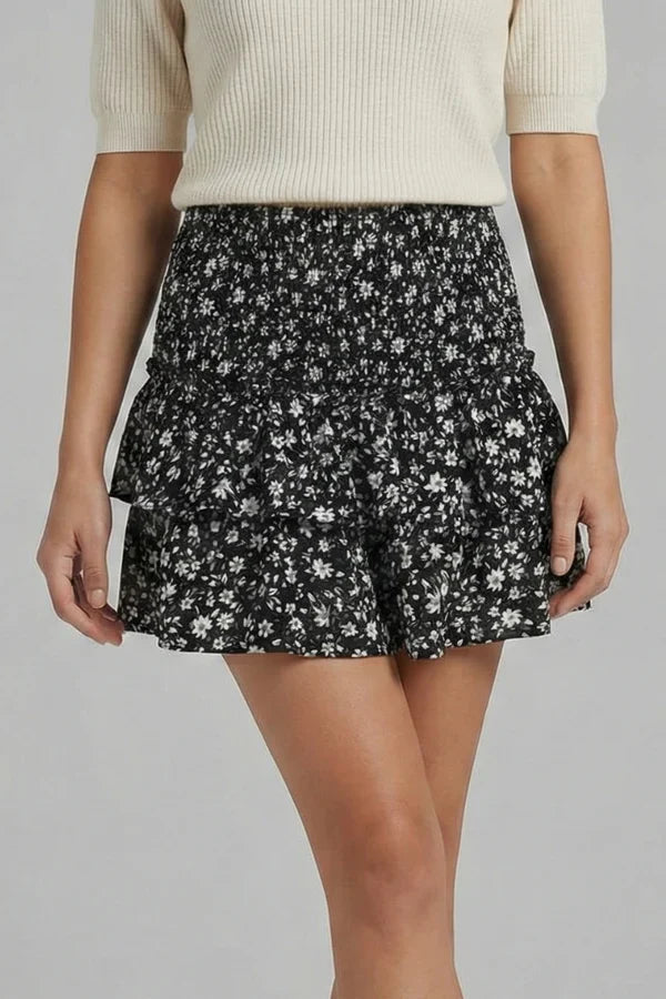 Light women's pleated floral short skirt - ruffled layers, polyester, casual wear