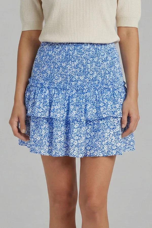 Light women's pleated floral short skirt - ruffled layers, polyester, casual wear