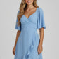 Light women's dress - V-neck wrap waist, flutter sleeves, ruffle hem, polyester, for occasions