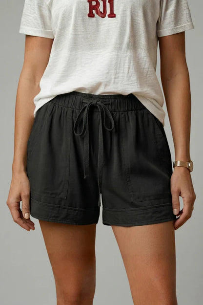 Women's Breathable Shorts - Pleated Pocket, Wide-Leg, Cotton Blend, Casual Wear, Pull-On Style