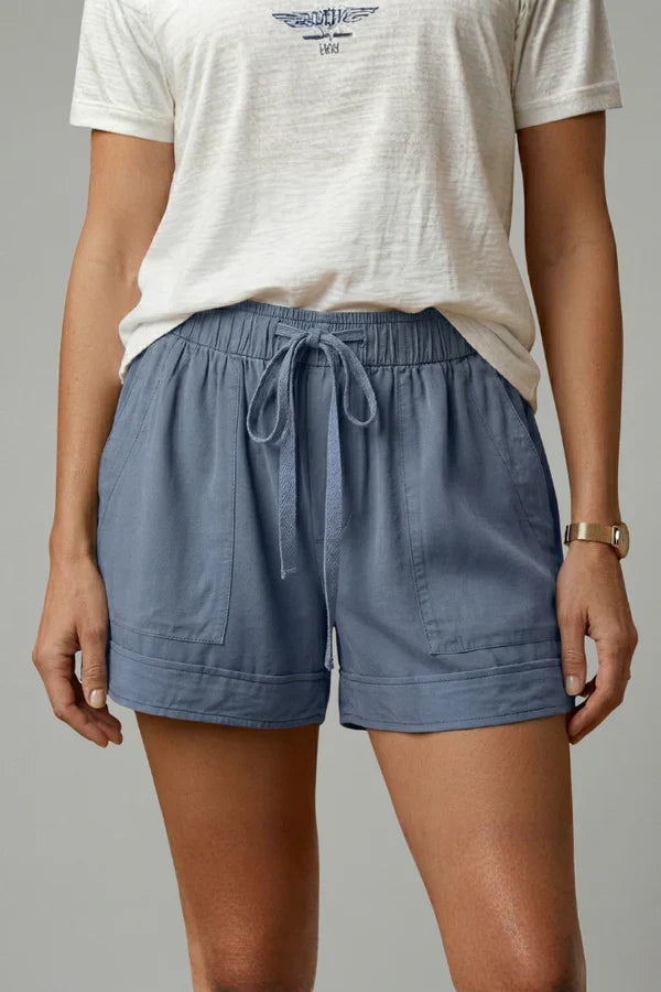 Women's Breathable Shorts - Pleated Pocket, Wide-Leg, Cotton Blend, Casual Wear, Pull-On Style