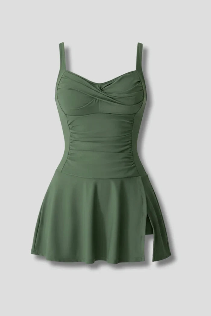 sleeveless ruched-bust, nylon, for pool – Fast-dry flattering women's skirted swimsuit