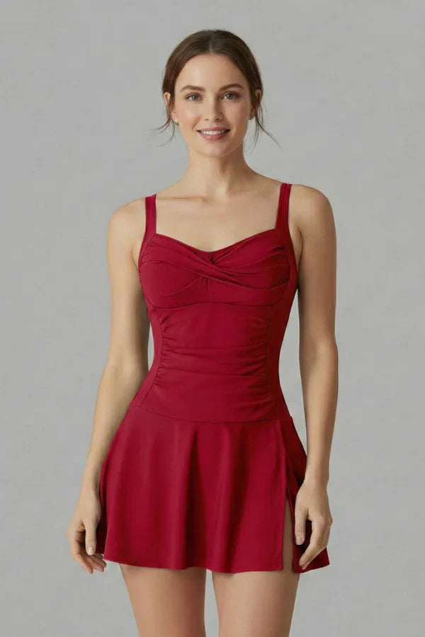 sleeveless ruched-bust, nylon, for pool – Fast-dry flattering women's skirted swimsuit