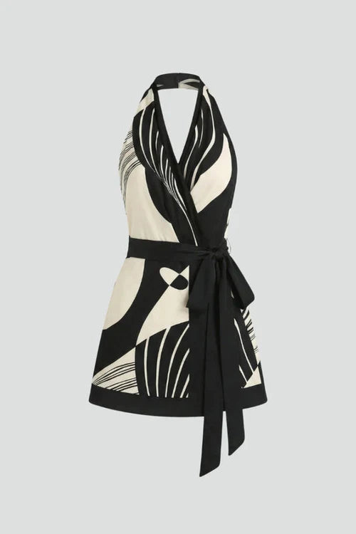 Light women's halter dress - flattering wrap waist, Scandinavian graphic print, polyester, for summer events