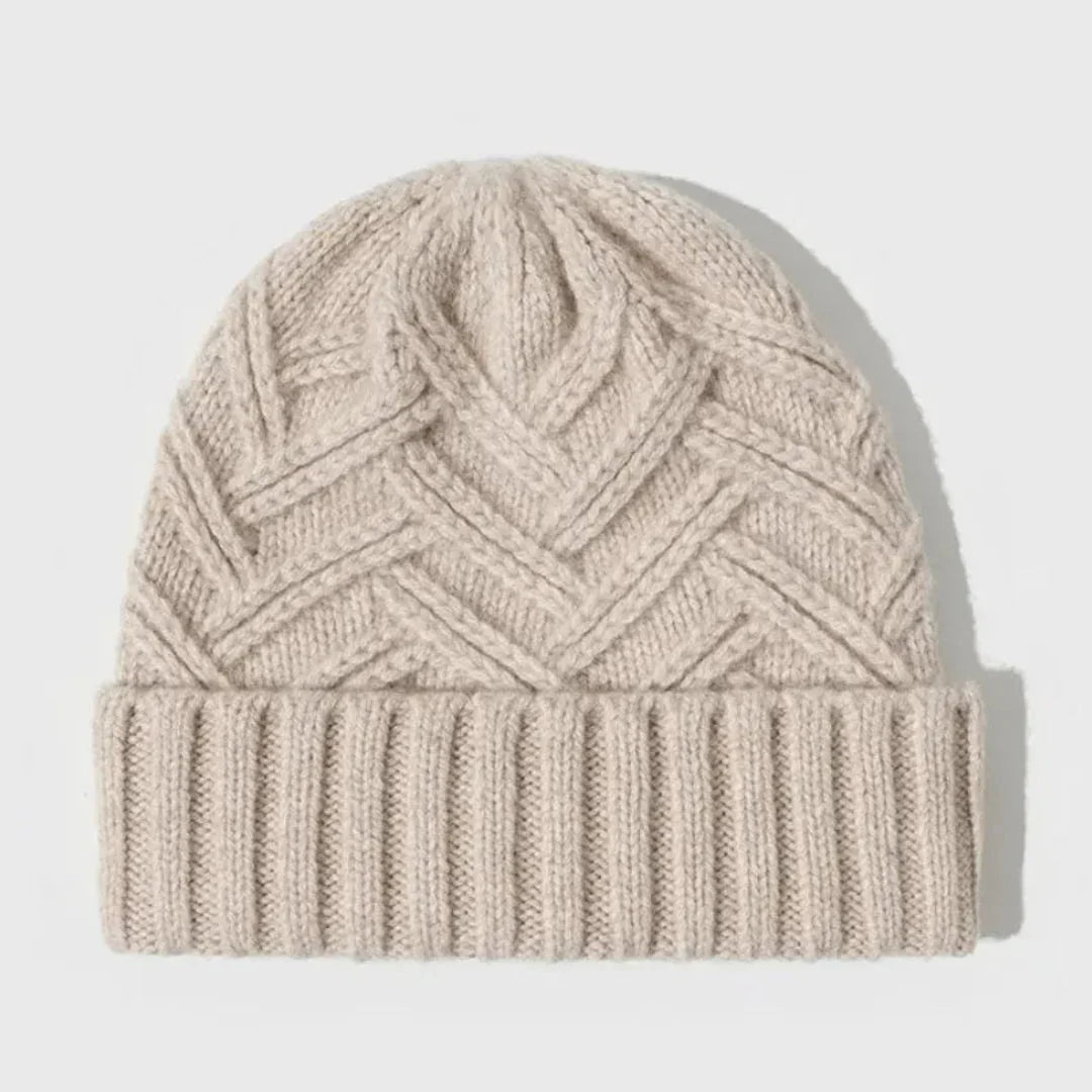 Warm Timeless Wool Beanie - Ribbed Cuff, Chevron Knit