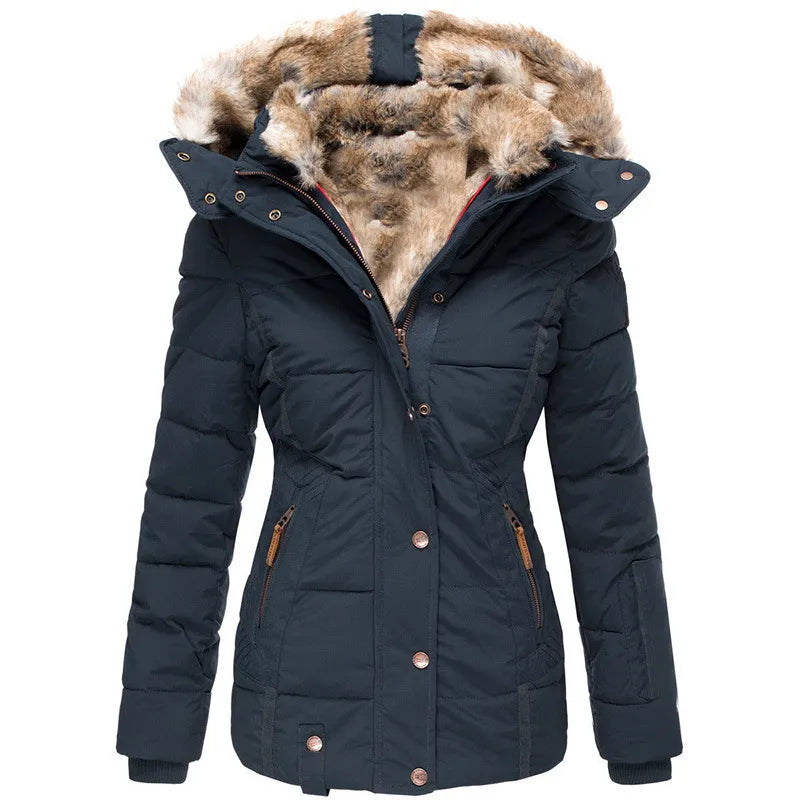 Women’s Warm Winter Coat - Quilted Midlength, Faux Fur Hood