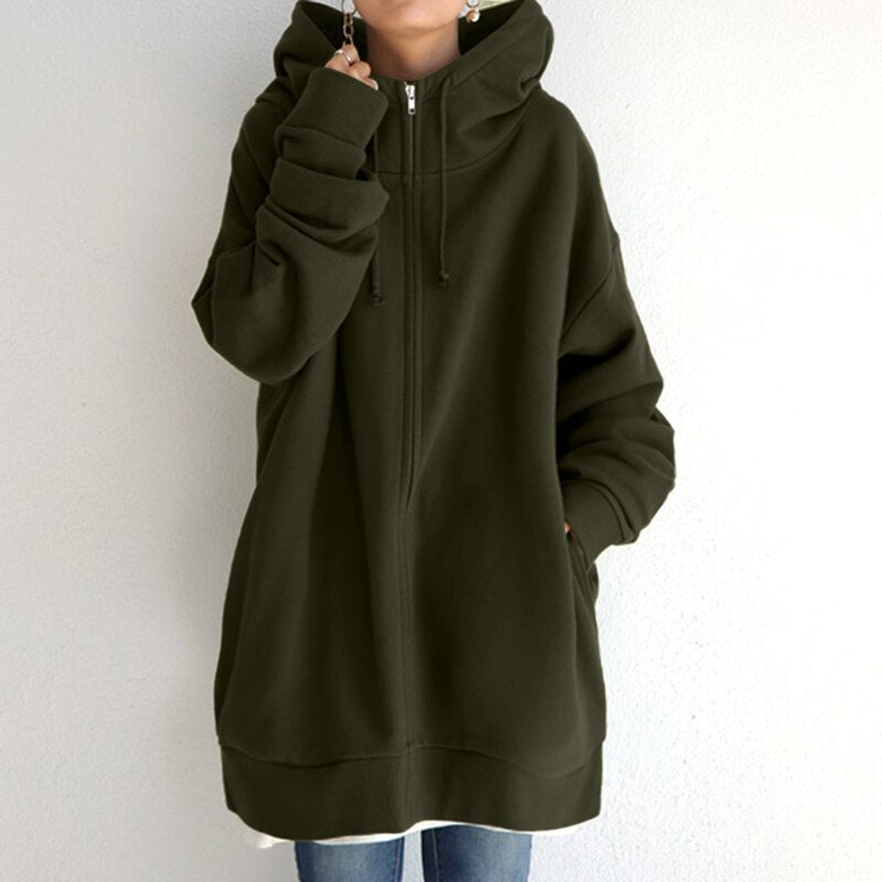 Women Warm Longline Hoodie - Oversized Fleece Layering