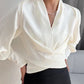 White Puff Sleeve Blouse for Women, V-Neck Summer Top, Elegant Casual and Formal Wear, Available in Blue and Black-2