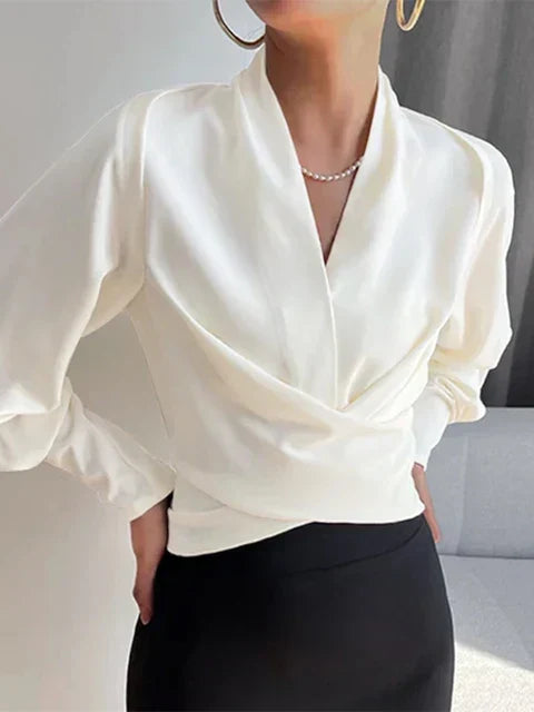 Variant image for White Puff Sleeve Blouse for Women, V-Neck Summer Top, Elegant Casual and Formal Wear, Available in Blue and Black-5