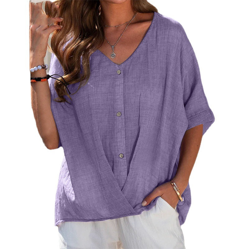 women's Breathable top - V-neck, short sleeve, relaxed fit, cotton-linen blend, casual wear