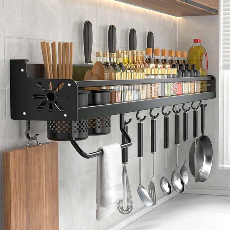 Wall Mounted Kitchen Storage Rack With Utensil Hooks And Spice Shelf Fall 2025 Household Organization Gift Idea