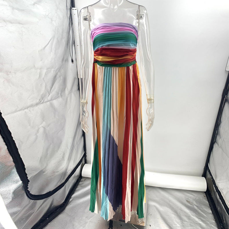 Light Women's Maxi Dress - Tube-Top Flowy Printed Stripe, Polyester Crepe, for Summer Vacation