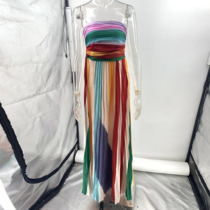 Light Women's Maxi Dress - Tube-Top Flowy Printed Stripe, Polyester Crepe, for Summer Vacation
