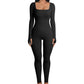 Long Sleeve Square Neck, Ribbed Nylon-Spandex, Seamless Yoga Athleisure – Stretchy Flattering Women’s Jumpsuit
