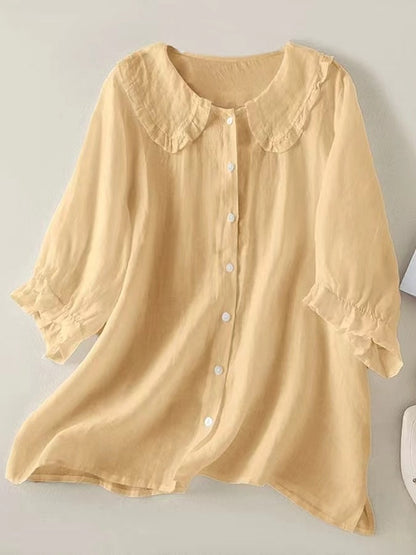 Plush women's shirt - Claudine collar, half-sleeve, relaxed fit, casual everyday wear with denim