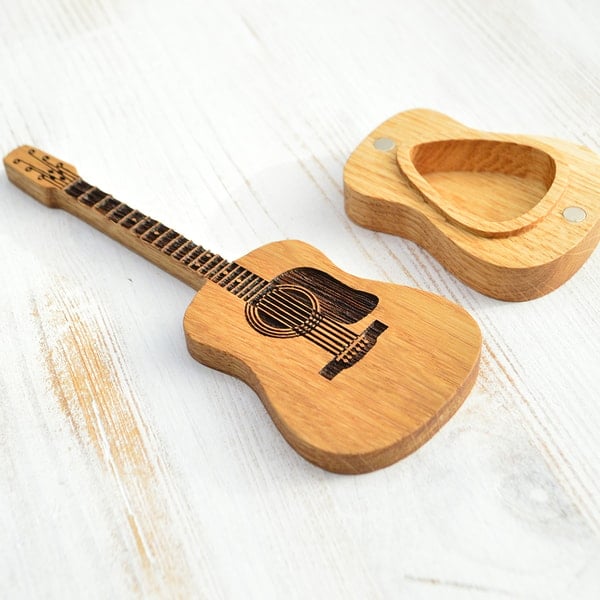 Organic Wood Guitar Pick Holder Case - Mini Acoustic Design for Musicians, Great Gift Idea