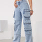 High-Waist Cargo Trousers for Women in Medium Blue, Stretch Fabric, Straight-Leg Fit, Stylish Snowflake Design-3