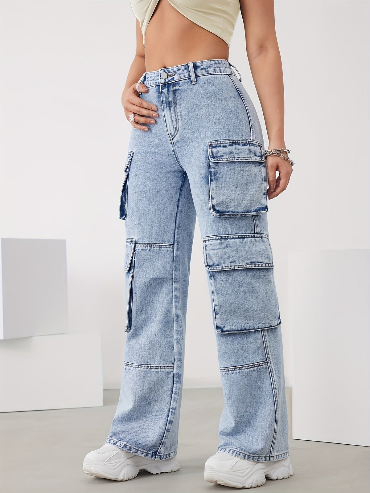 High-Waist Cargo Trousers for Women in Medium Blue, Stretch Fabric, Straight-Leg Fit, Stylish Snowflake Design-3