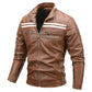 men's Warm leather motorcycle jacket - biker-cut with quilted shoulders and racing stripes, PU leather, for autumn rides