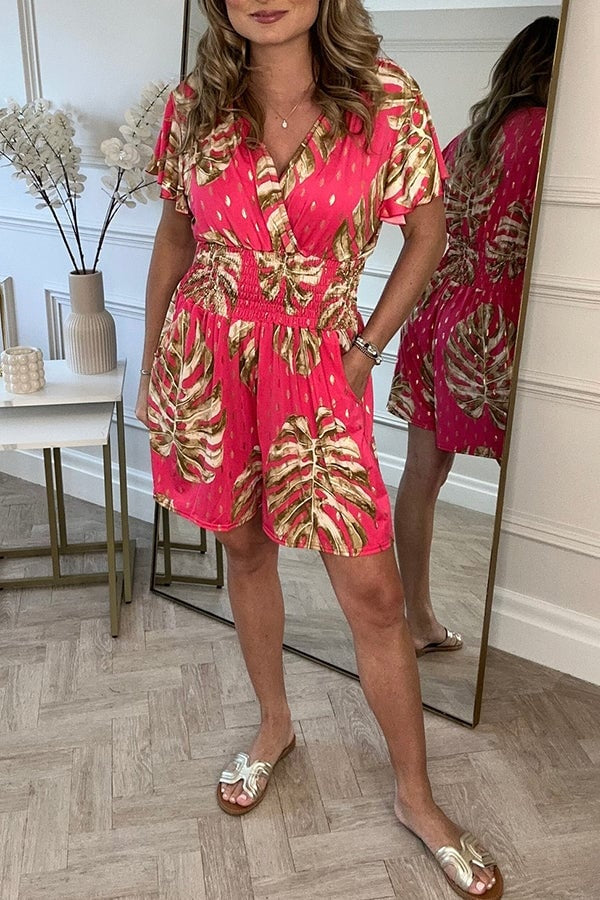 Leafy Print Women's Romper with Smocked Waist, Casual Jumpsuit for Summer Outings and Beach Wear-3