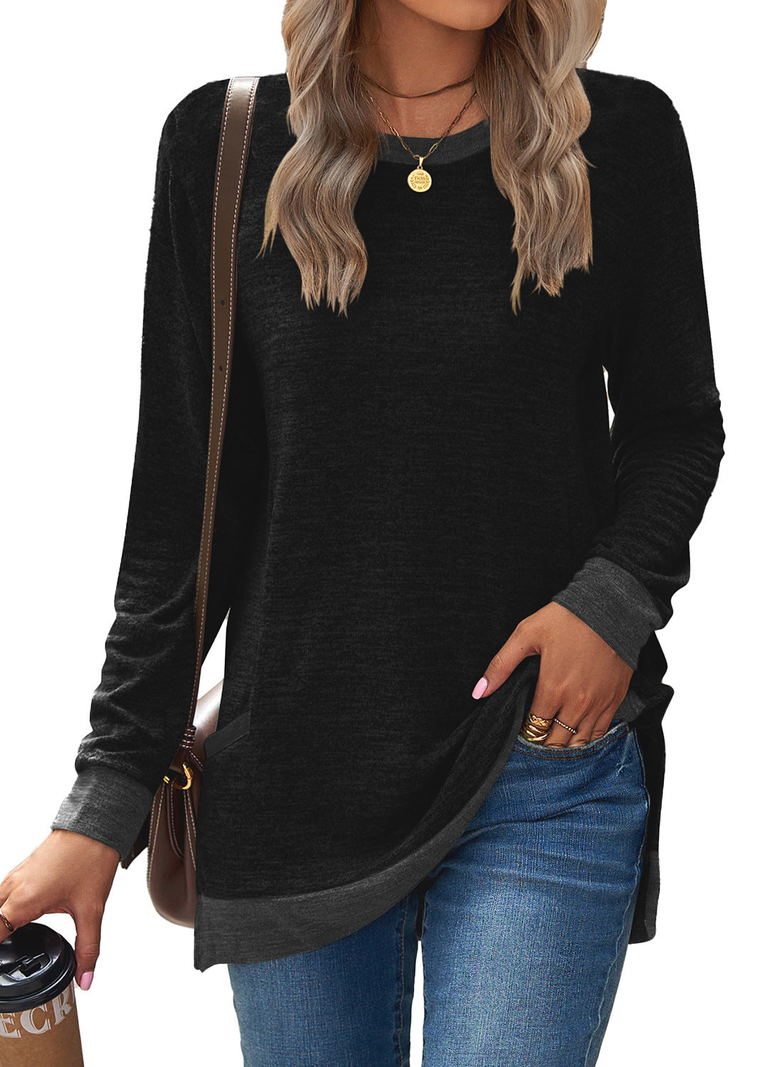 Plush Relaxed Women’s Long Sleeve Pullover - Round Neck Tunic, Cotton Cashmere Knit, Pocketed Mid Length Top For Casual Wear
