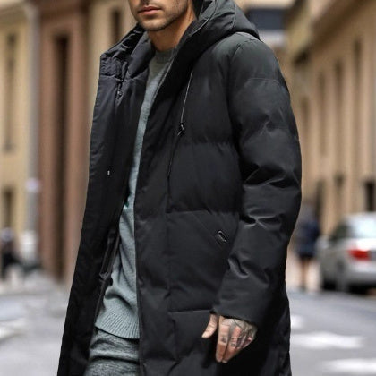 Men's Warm Long Puffer Coat - Hooded Quilted Cotton, Urban