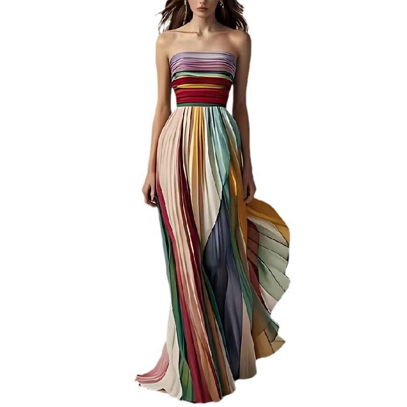 Light Women's Maxi Dress - Tube-Top Flowy Printed Stripe, Polyester Crepe, for Summer Vacation