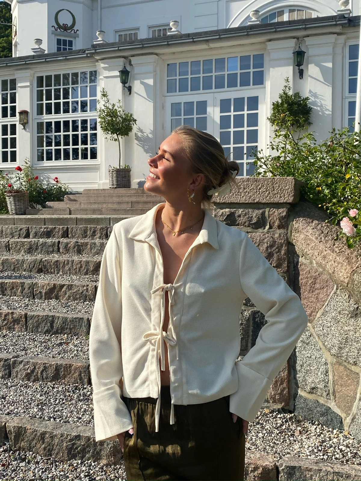 Elegant Cream Silk Blouse with Bow Bands and Wide Cuffs, Long Sleeve Tops for Women-1