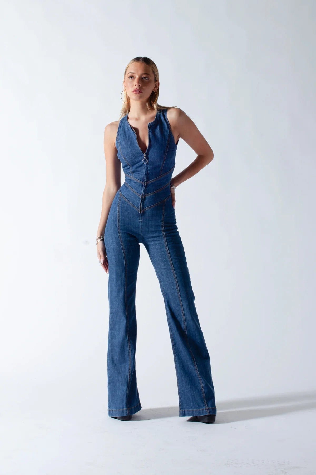90s Inspired Denim Overalls for Women, Body-Hugging Fit, Classic Denim Blue, Easy Care Jean Jumper-1