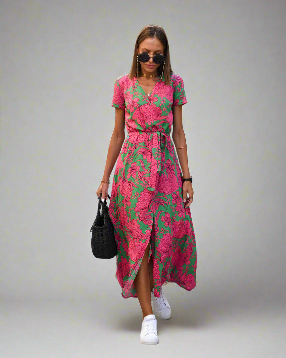 Elegant A-Line Women's Dress with V-Neck and Floral Pattern, Perfect for Summer and Formal Occasions-2