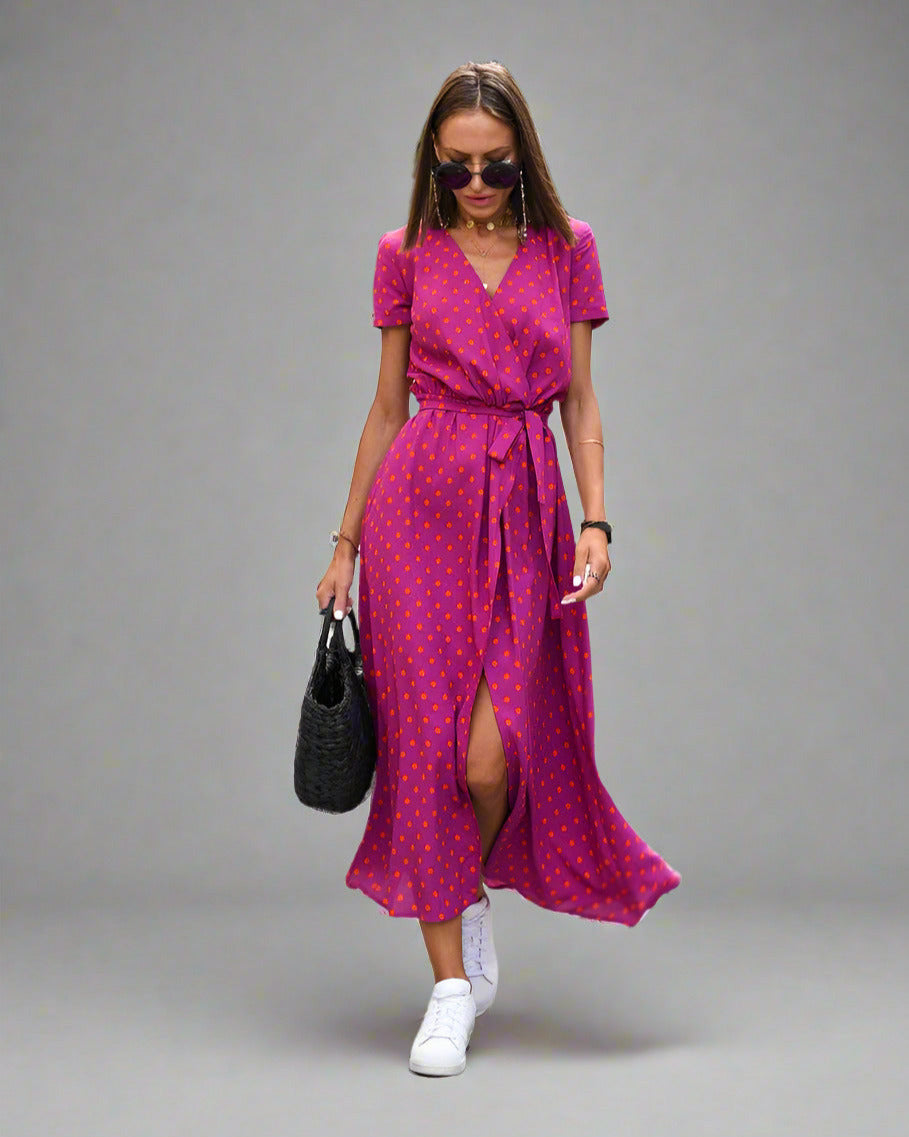 Elegant A-Line Women's Dress with V-Neck and Floral Pattern, Perfect for Summer and Formal Occasions-3