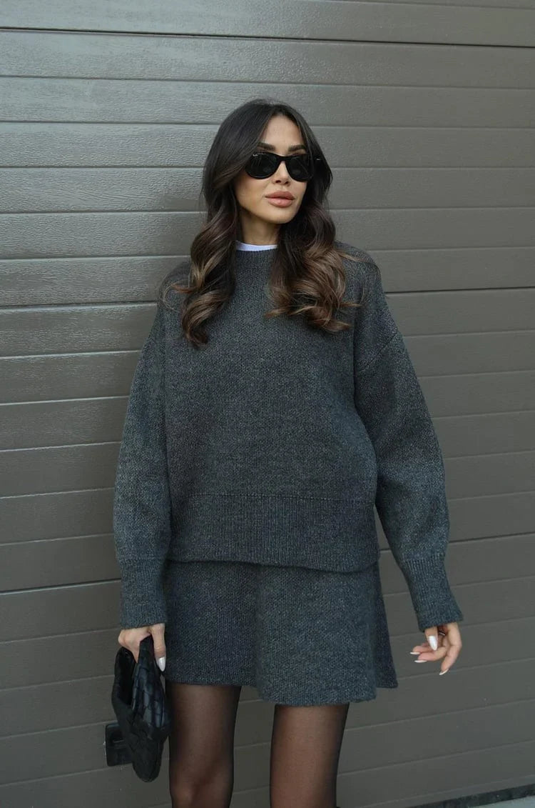 Plush Flattering Women’s Sweater Skirt Kit - Pullover Crewneck, Knit High-Waist A-Line Mini Skirt For Fall