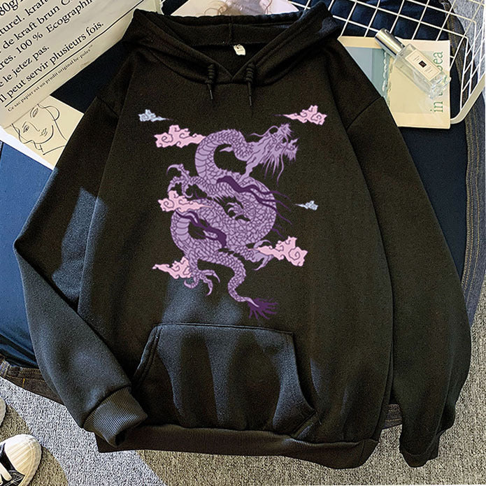 Men’s Warm Hoodie - Dragon Print Pullover, Polyester Casual