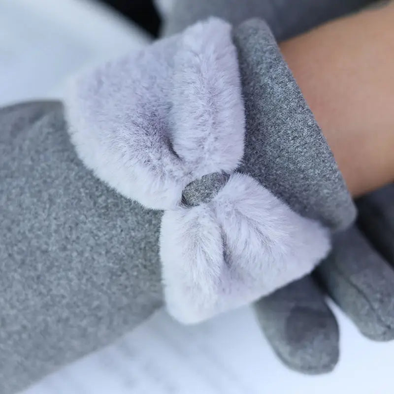 Women Warm Gloves - Bow Cuff, Fleece Lined, For Winter