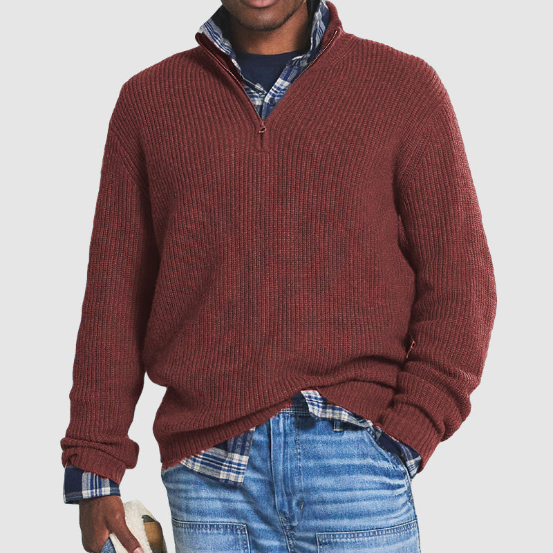 Plush Men Cashmere Pullover - Half Zip Ribbed Business Casual